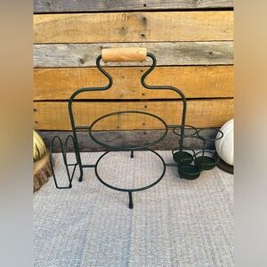 Plate, napkin and silverware caddy forest green metal w wood handle